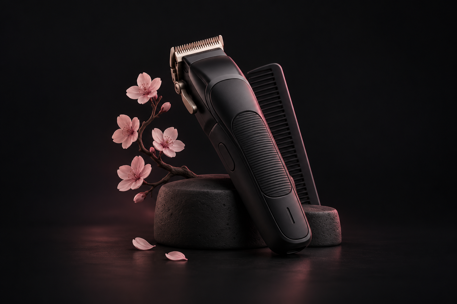 Clay illustration of a charcoal barber clipper and comb beside soft pink cherry blossoms